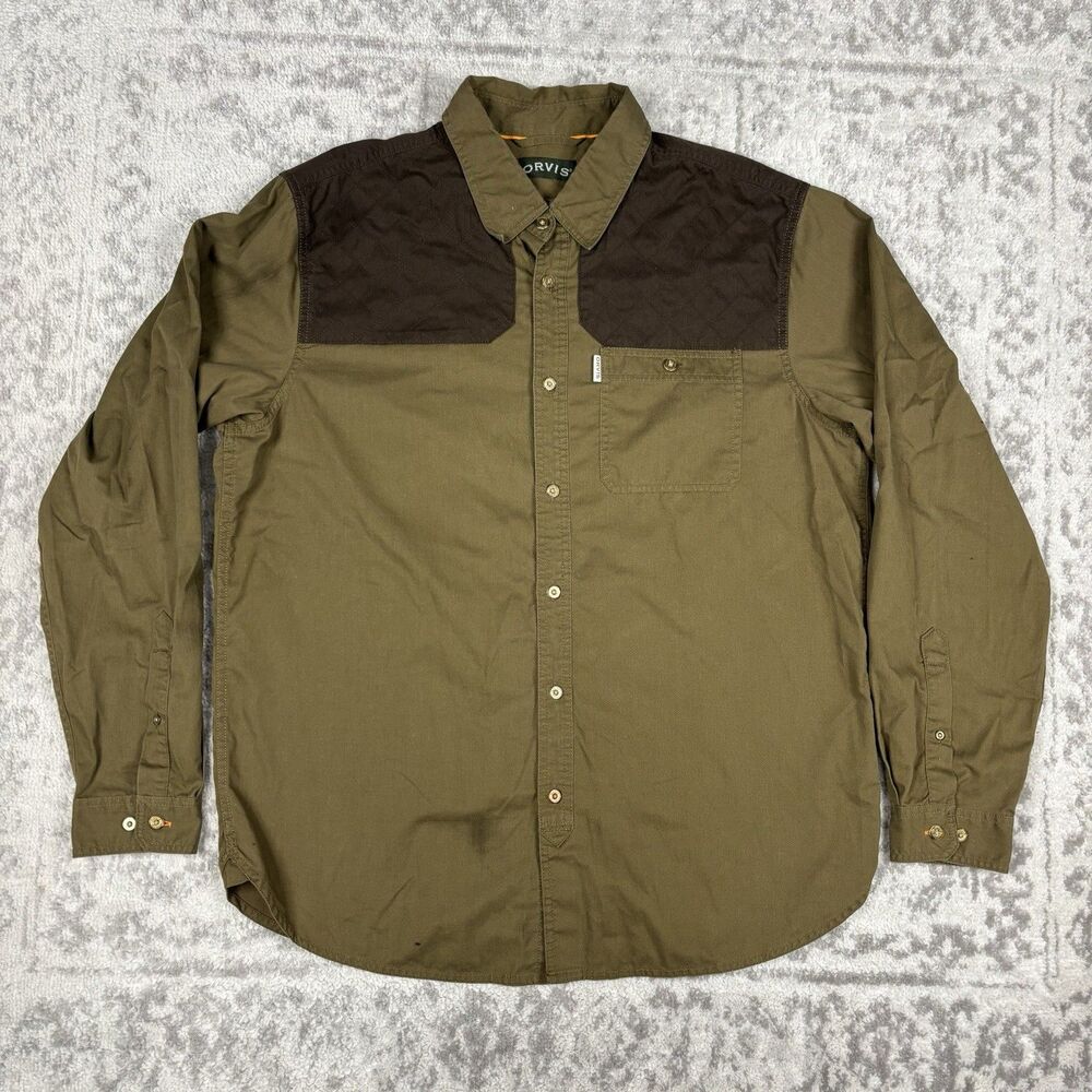 Orvis Sportsman Shooting Shirt Button Down Two Tone Olive Green Brown Size Large